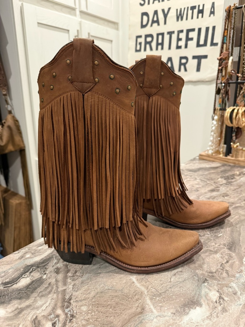 Fringed Brown Leather Western Moto Boots